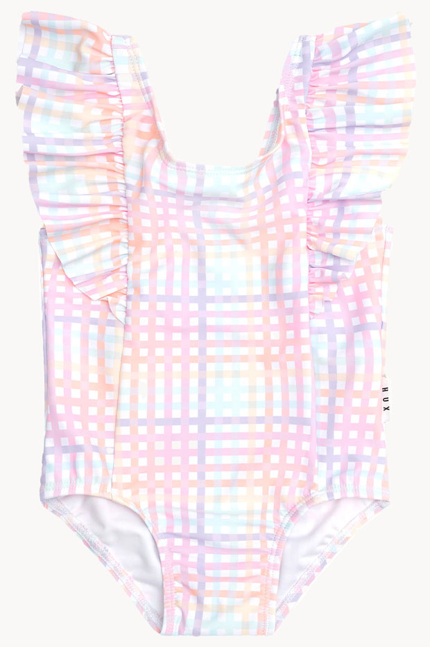 Girls Rainbow Bear Frill Zip Sunsuit