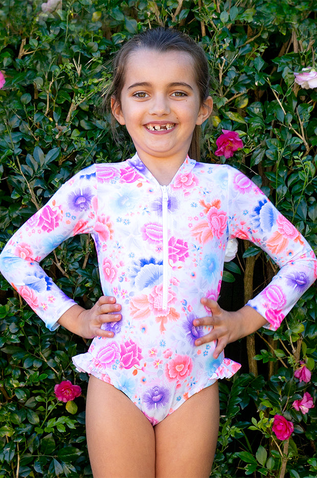 Salty Ink Girls Miss Peony Long Sleeve Sunsuit Swimwear Galore AU