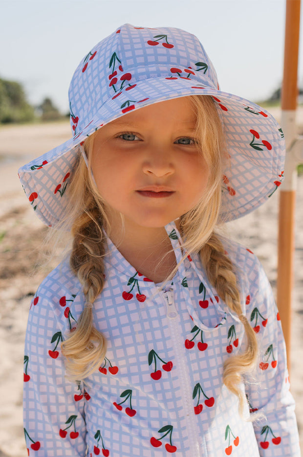 Girls Cherry Checks Wide Brim Swim Hat