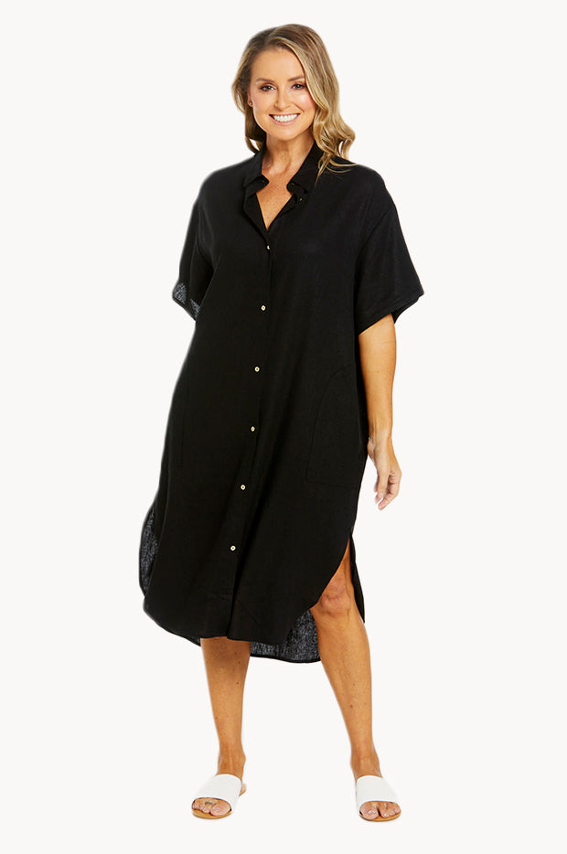 Plain Linen Shirt Dress 8 BLACK Plain Linen Shirt Dress 8 BLACK