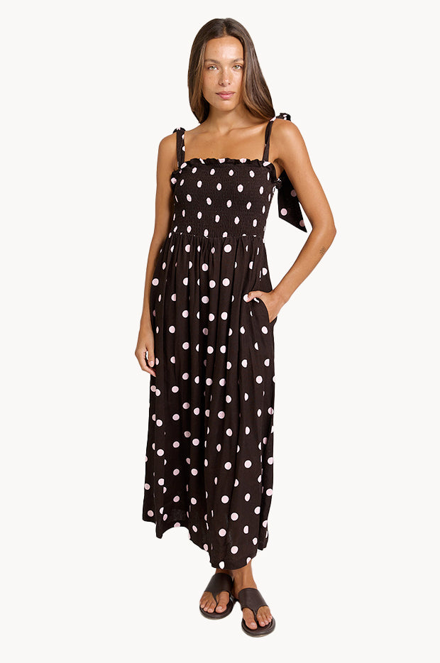 Polka Dot Shirred Maxi Dress