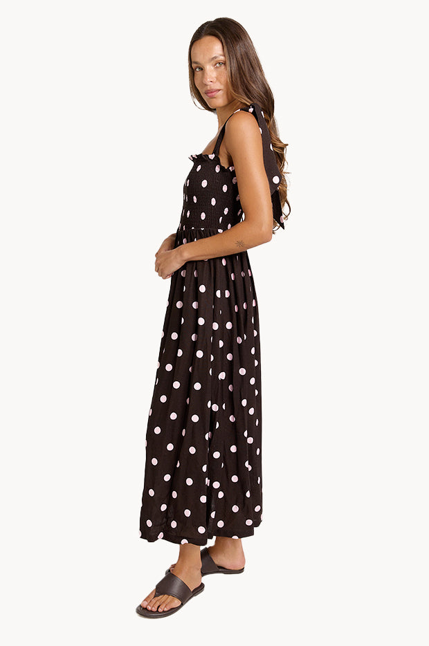 Polka Dot Shirred Maxi Dress