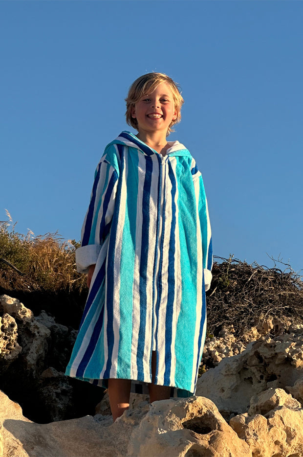 Back Beach Co - Kids Stripe Hooded Towelling Robe 5-7Y - Blue