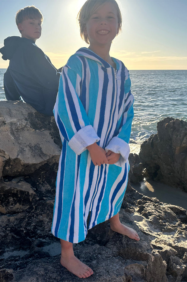 Back Beach Co - Kids Stripe Hooded Towelling Robe 5-7Y - Blue