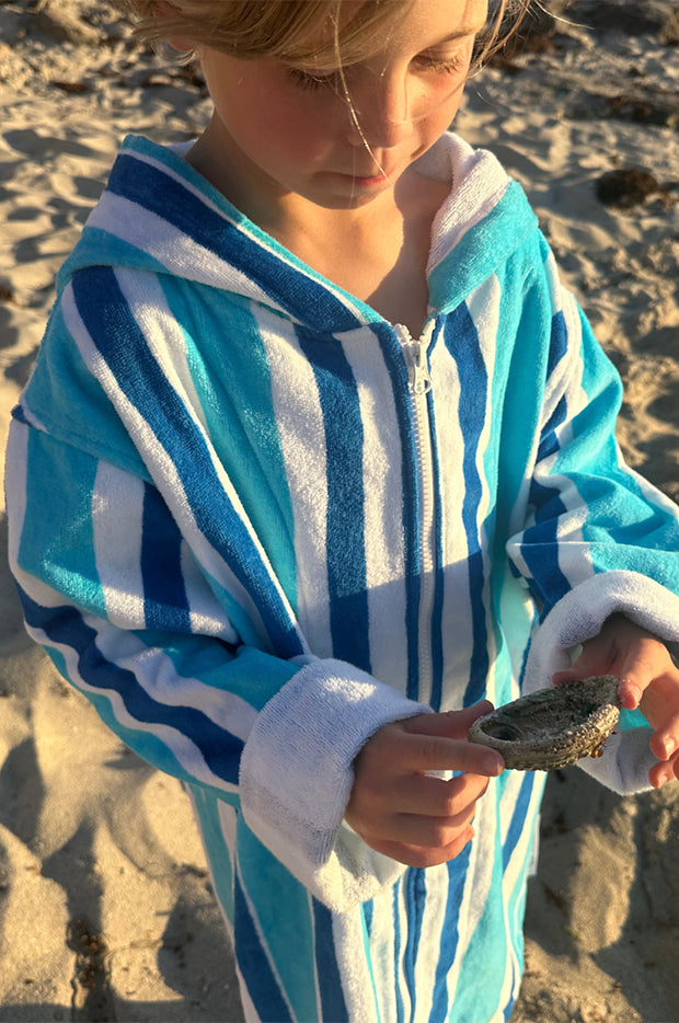 Back Beach Co - Kids Stripe Hooded Towelling Robe 7-11Y - Blue