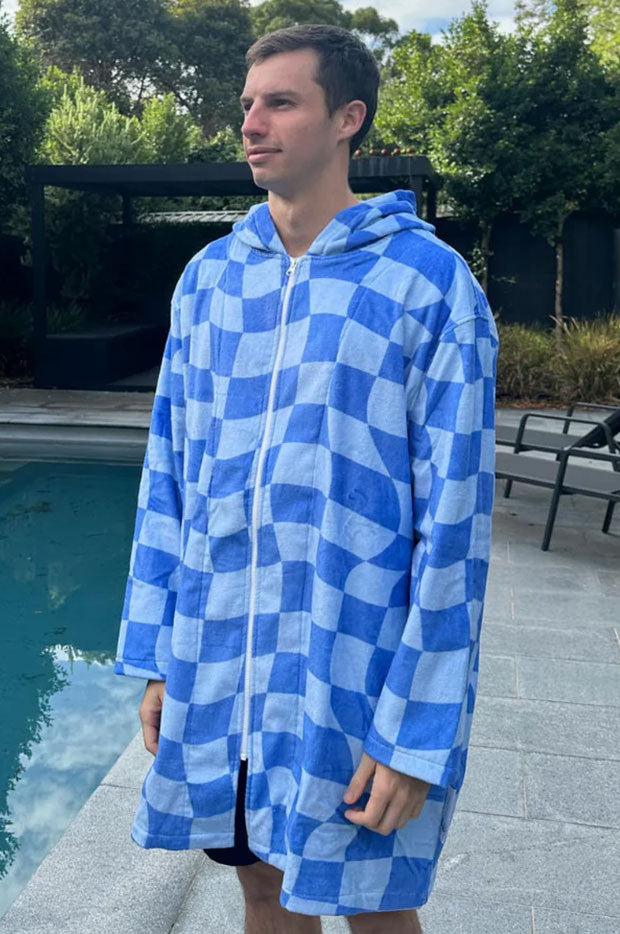 Back Beach Co - Tidal Checker Hooded Towelling Robe L/XL - Blue