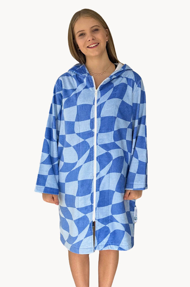 Checker Robe Back Beach Co - Tidal Checker Hooded Towelling Robe S/M - Blue