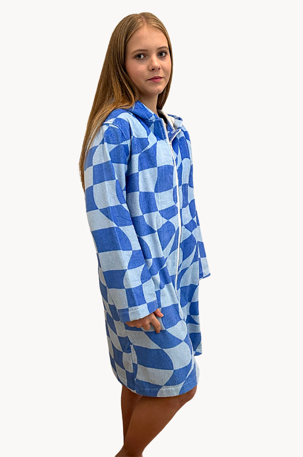 Back Beach Co - Tidal Checker Hooded Towelling Robe S/M - Blue