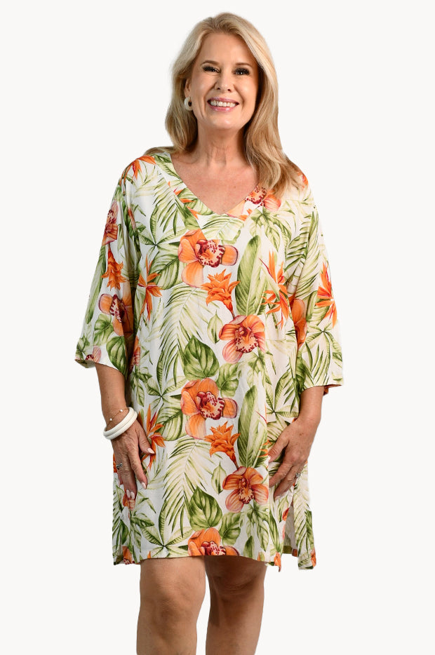 Orange Botanica V Neck Vicky Dress