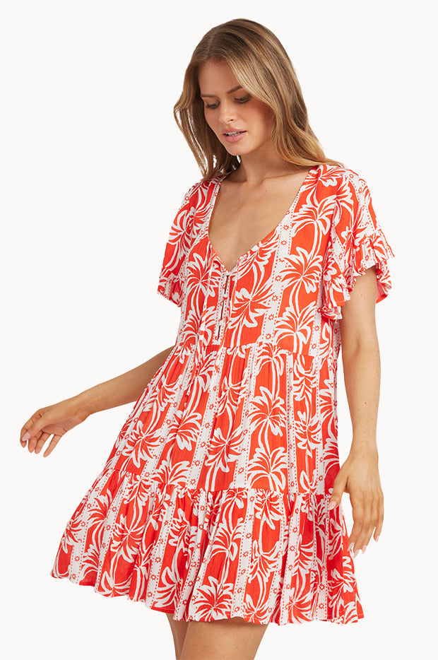 red billabong dress Billabong Such a Trip Smocked Bodice Cotton Midi Dress in Red Aloha at Nordstrom, Size X-Large