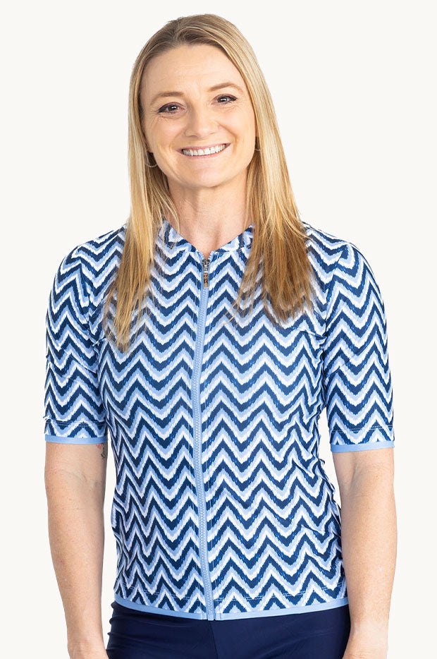 Chevron Blue Short Sleeve Suntop