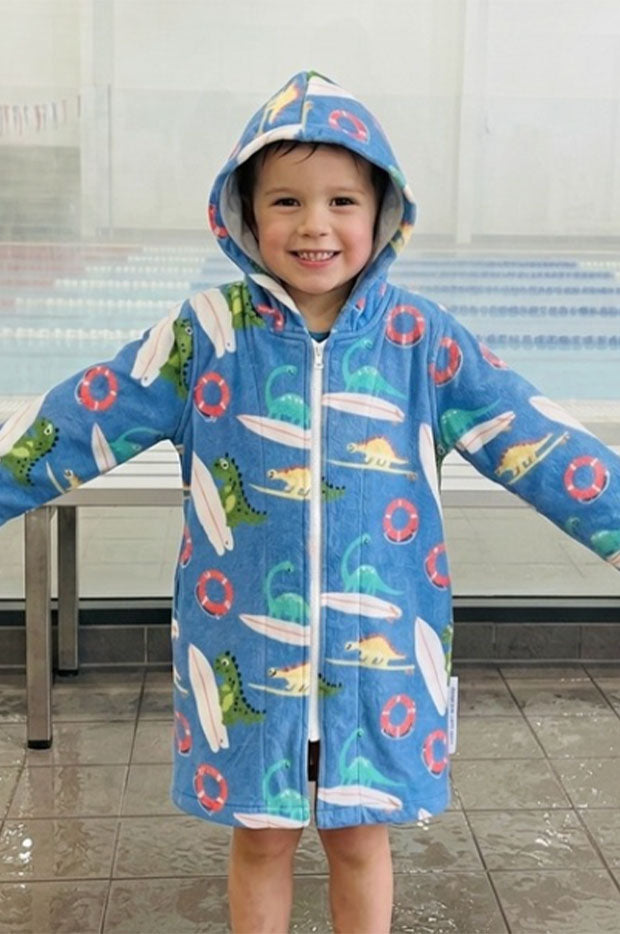 Kids Dino Surf Hooded Towelling Robe 3-5Y