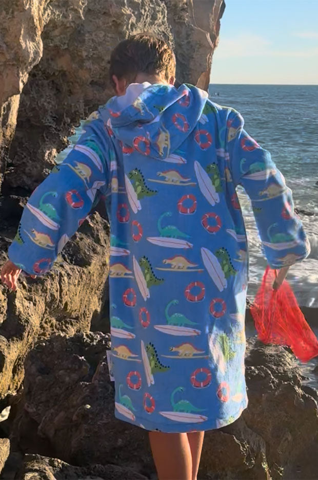 Kids Dino Surf Hooded Towelling Robe 7-11Y
