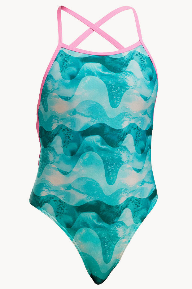 Girls Teal Wave Strapped In One Piece