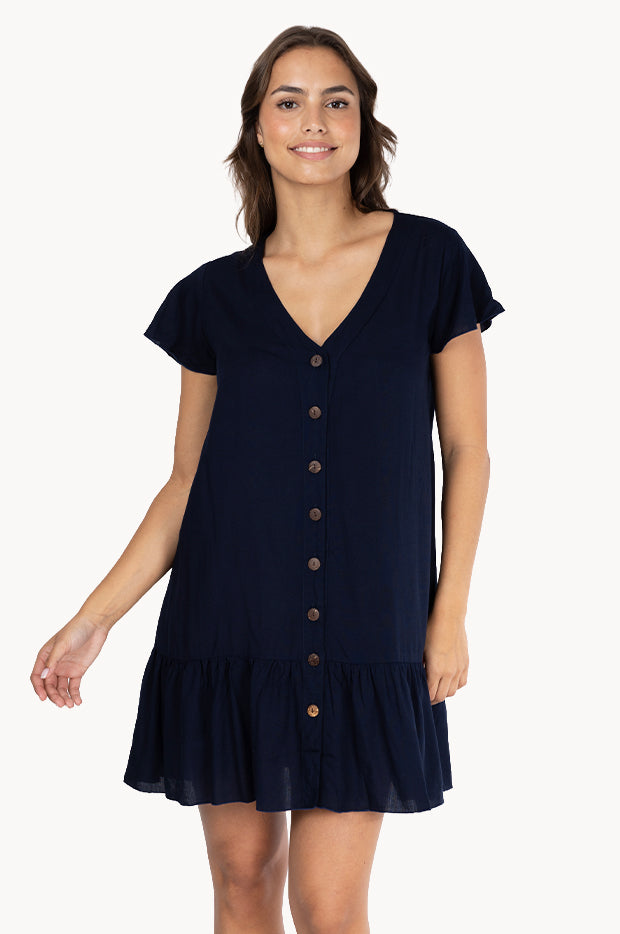 Plain Cap Sleeve Button Dress