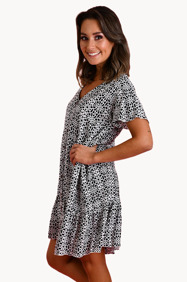 Mosaic Cap Sleeve Button Dress