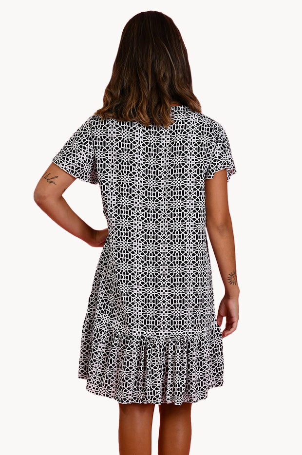 Mosaic Cap Sleeve Button Dress