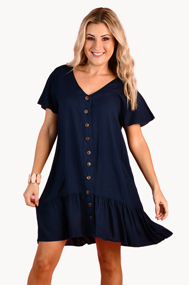 Plain Cap Sleeve Button Dress