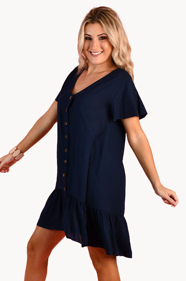 Plain Cap Sleeve Button Dress