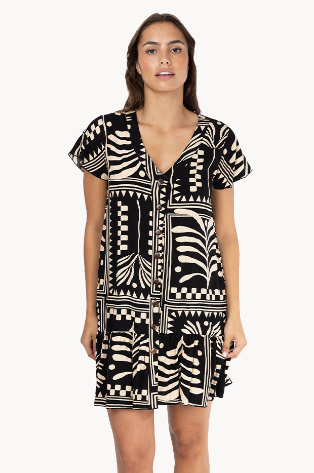 Tribal Artisan Cap Sleeve Button Dress