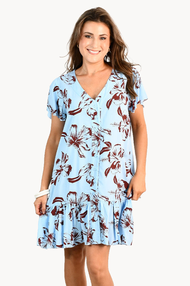 Cocoa Hibiscus Cap Sleeve Button Dress
