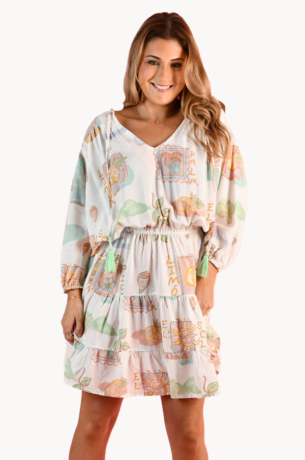 Zesty Postcard Juliet Bell Sleeve Dress