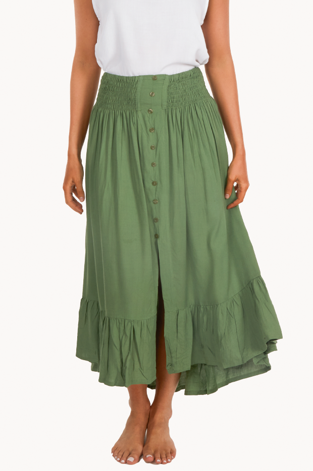 Plain Ruched Button Maxi Skirt