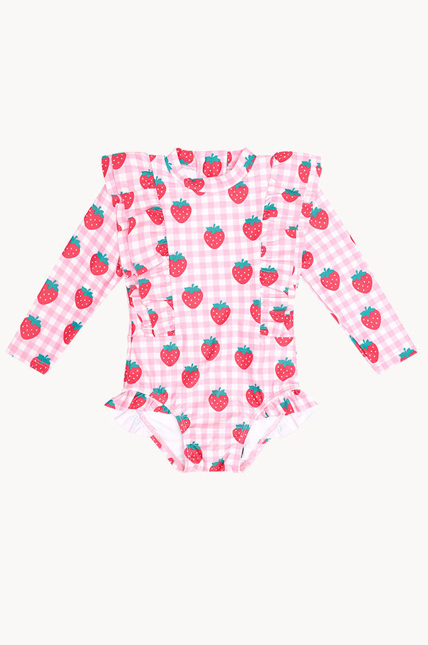 Girls Strawberry Check Frill Sunsuit