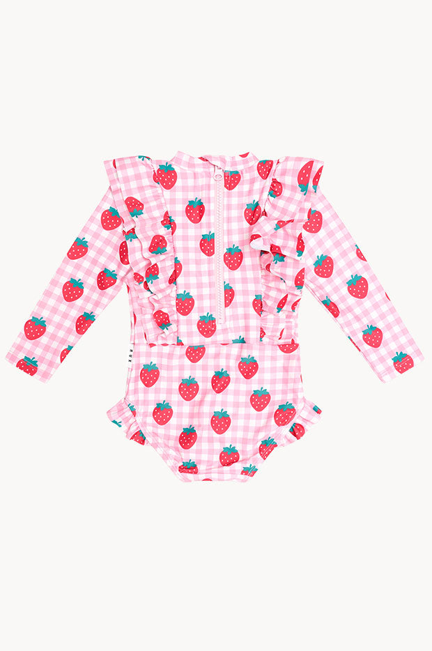 Girls Strawberry Check Frill Sunsuit