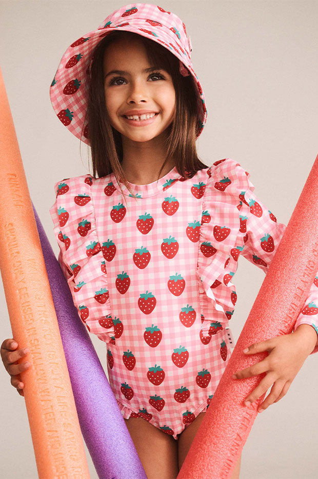 Girls Strawberry Check Frill Sunsuit