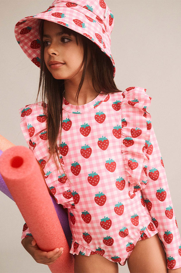 Girls Strawberry Check Frill Sunsuit