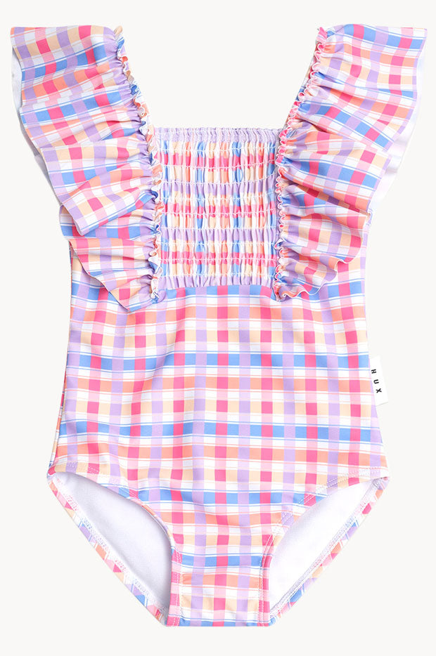 Girls Rainbow Check Shirred Frill One Piece