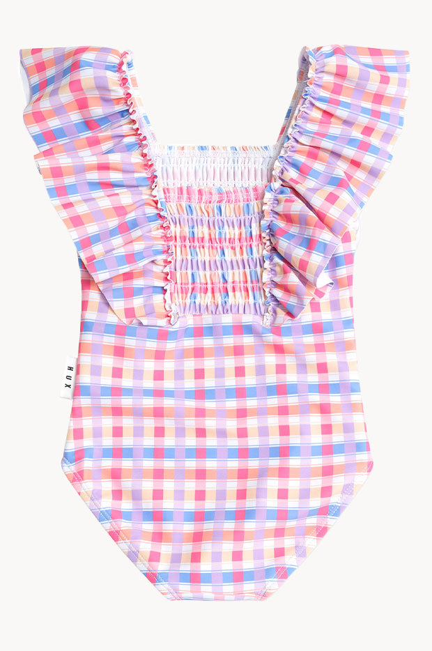 Girls Rainbow Check Shirred Frill One Piece