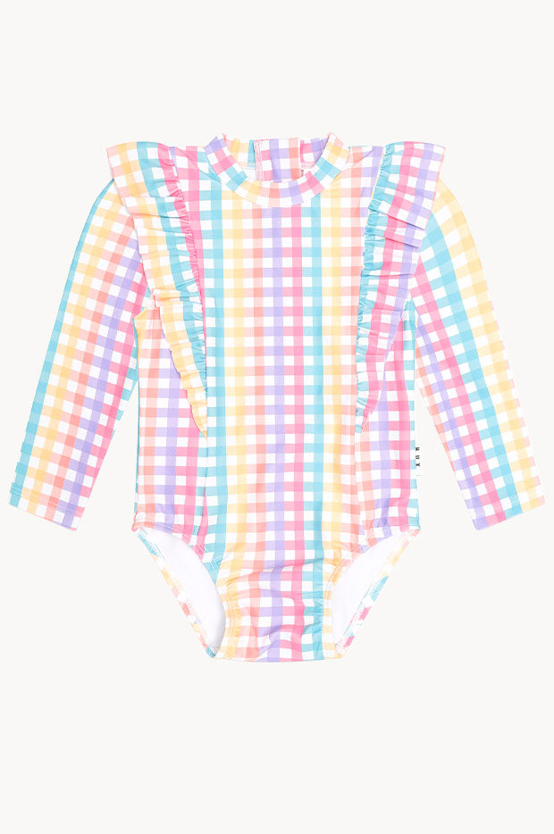 Girls Rainbow Check Frill Sunsuit
