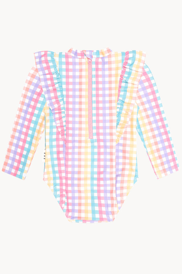 Girls Rainbow Check Frill Sunsuit