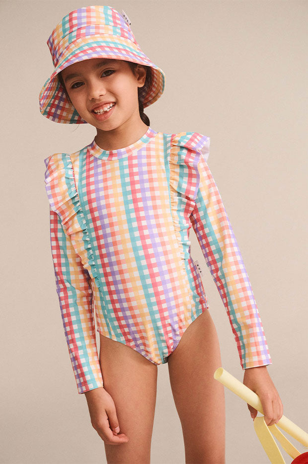 Girls Rainbow Check Frill Sunsuit