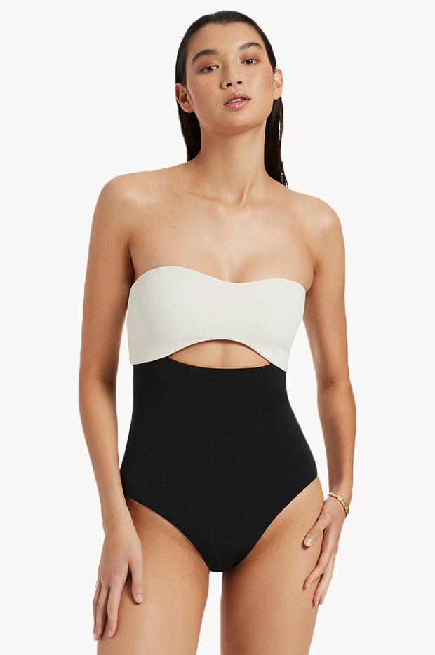 Jets - Versa Rib Cut Out Bandeau Bikini One Piece Swimsuit - Size 14 - Black/Cream - Swimwear Galore Jets - Versa Rib Cut Out Bandeau Bikini One Piece Swimsuit - Size 14 - Black/Cream - Swimwear Galore