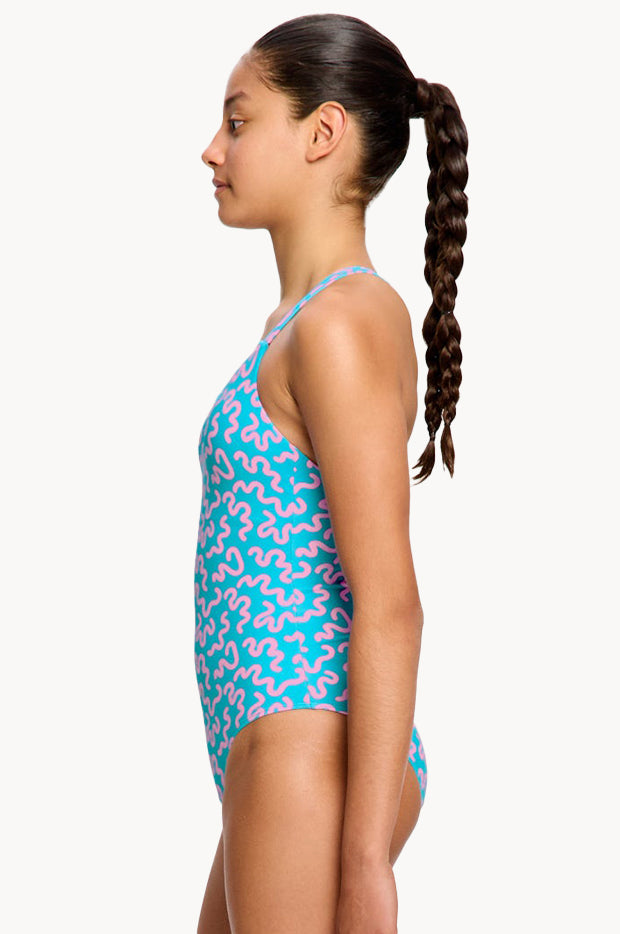 Girls Wavy Blue Cross Back One Piece