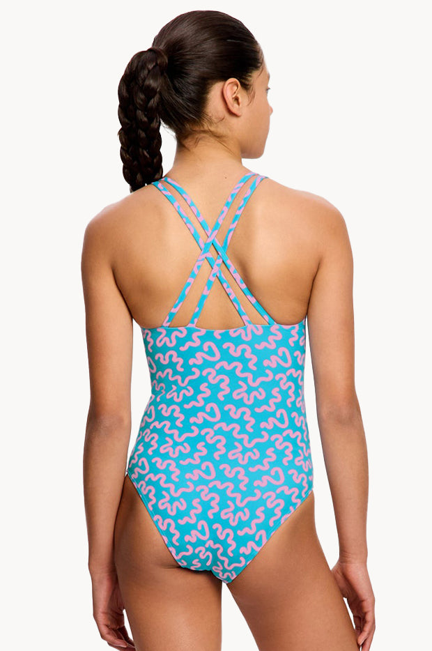 Modibodi Girls Wavy Blue Cross Back One Piece Blue Swimwear