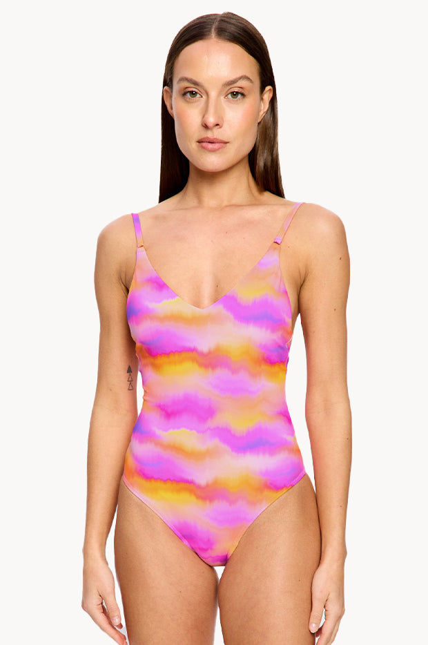 Hazy Pink Sunset V Neck One Piece