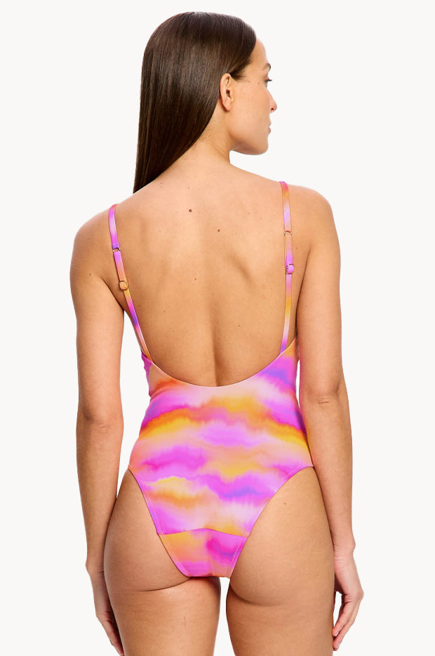 Hazy Pink Sunset V Neck One Piece