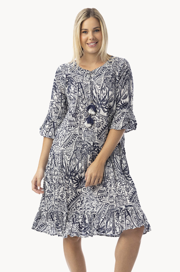 Aksharay Frill Sleeve Pleat Dress