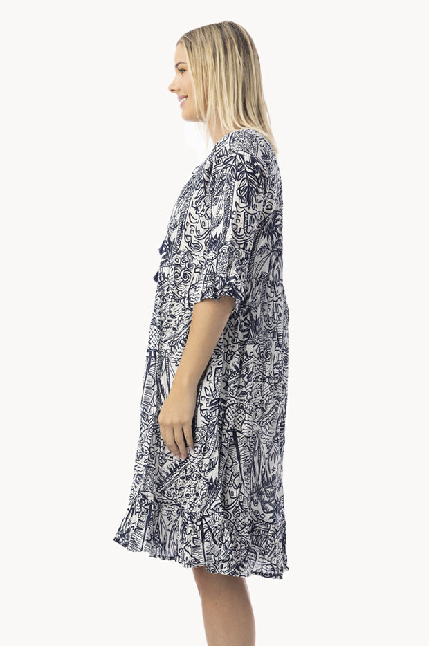 Aksharay Frill Sleeve Pleat Dress