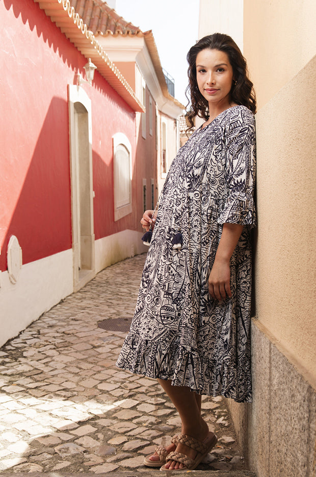 Aksharay Frill Sleeve Pleat Dress