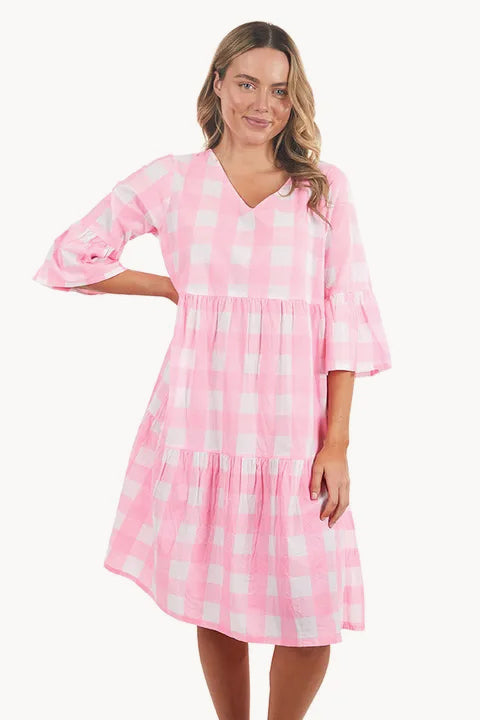 Gingham Tiered 3/4 Sleeve Dress