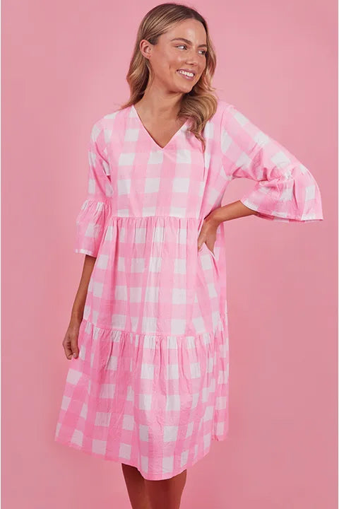 Gingham Tiered 3/4 Sleeve Dress