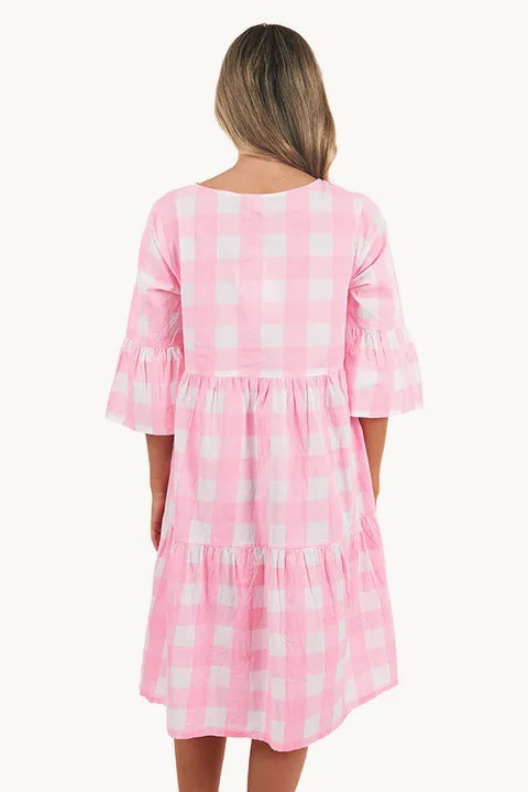 Gingham Tiered 3/4 Sleeve Dress