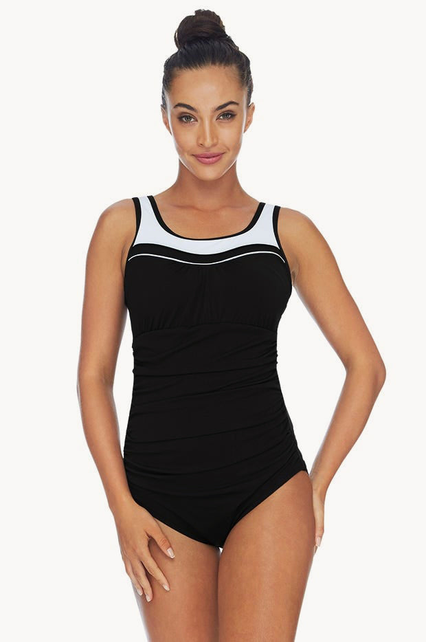 Drawstring Scoop Neck Wide Strap One-Piece Swimwear