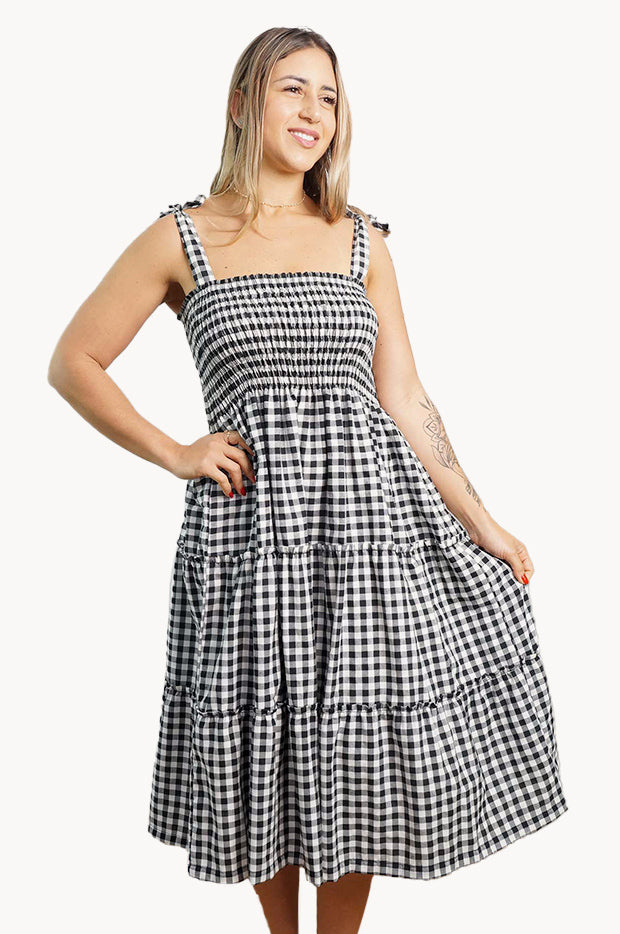 Sundrenched - Gingham Tie Up Smock Dress - Black | Swimwear Galore AU