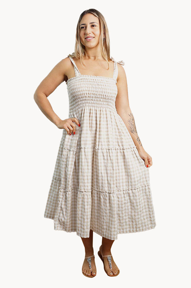 Sundrenched - Gingham Tie Up Smock Dress - Taupe | Swimwear Galore AU